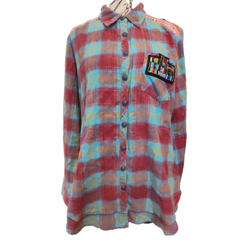 Aratta Pink & Blue Boho Plaid Button Down w Beautiful WaterColor Seascape Sz S